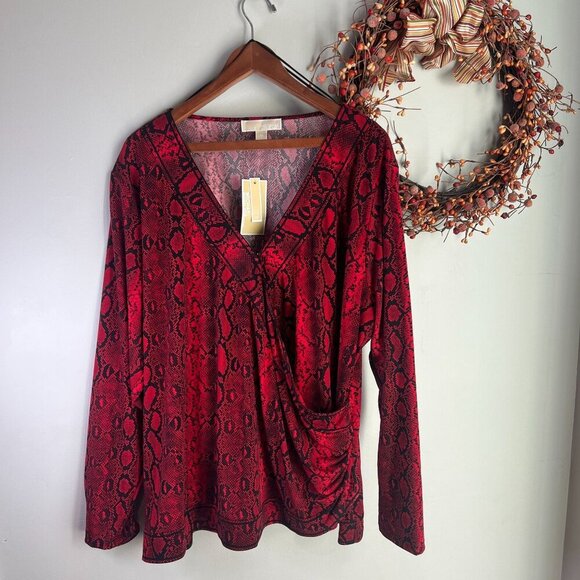 Michael Michael Kors Plus Size 3X Snakeskin-Print Crossover Border Top - Crimson - Picture 1 of 11